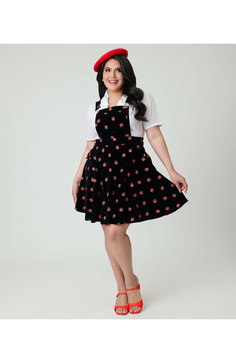 Unique Vintage Plus Size Brionne Pinafore Skirt, Alternate, color, Black W/ Strawberries