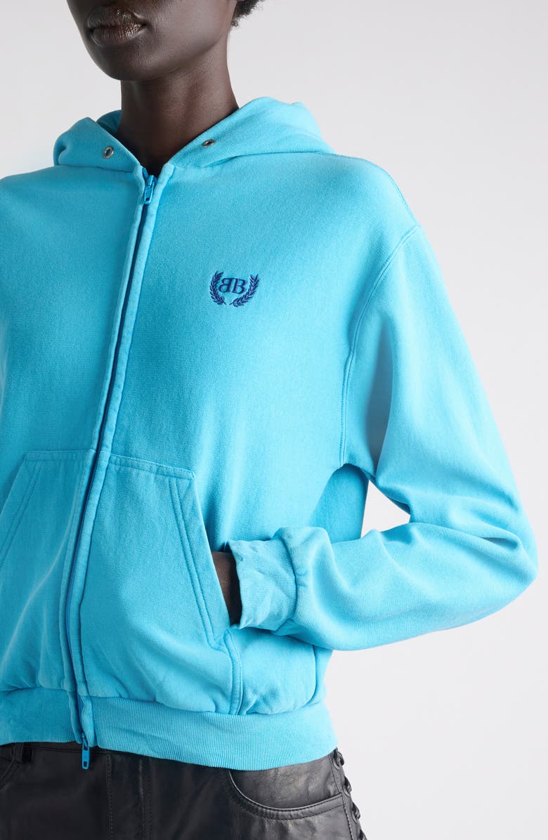 Balenciaga Laurel Embroidered Full Zip Dry Fleece Hoodie, Alternate, color, Azure/ Navy