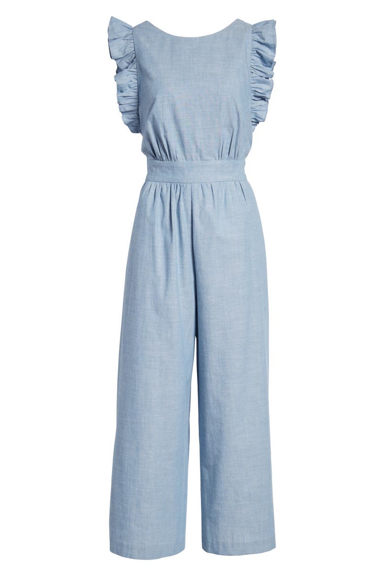 Ruffle Sleeve Crop Jumpsuit, Alternate, color, CHAMBRAY