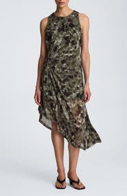 Kenneth Cole Print Sleeveless Asymmetric Midi Dress