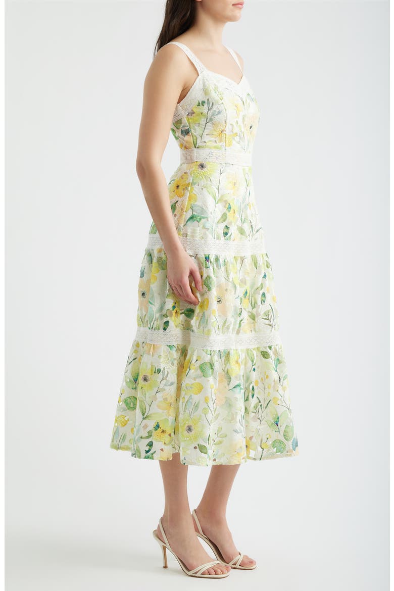 Print Lace Trim Sleeveless Midi Dress, Alternate, color, YELLOW MULTI