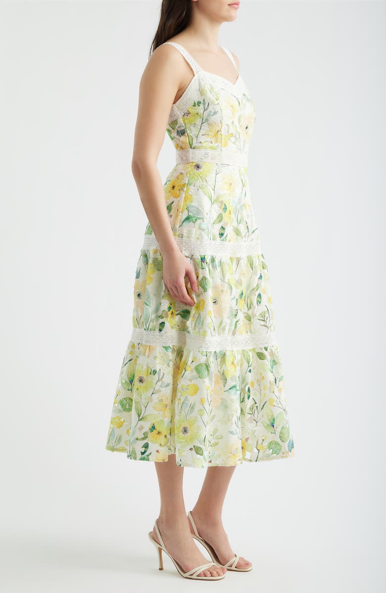 ZOE AND CLAIRE Print Lace Trim Sleeveless Midi Dress, Alternate, color, Yellow Multi