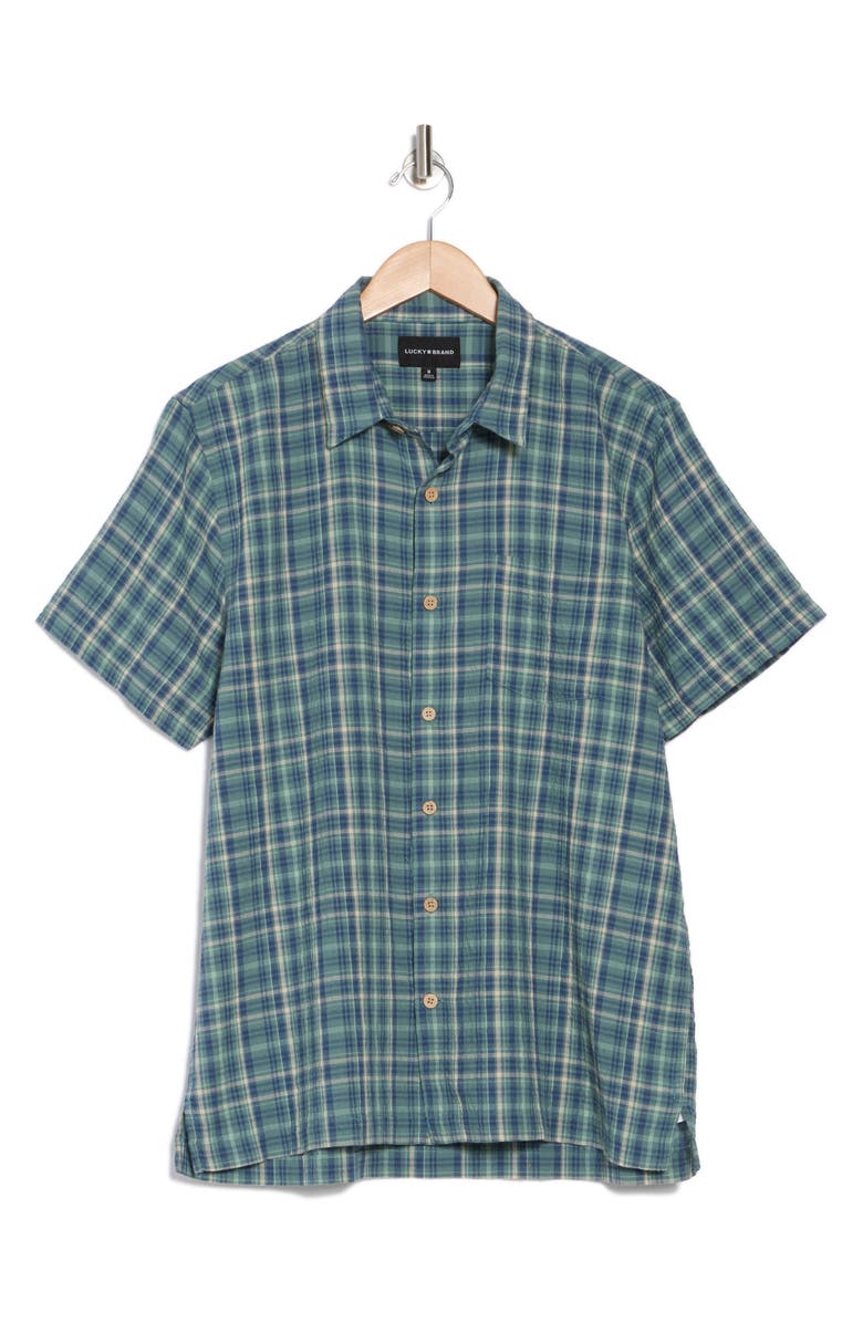 Lucky Brand Crinkled Short Sleeve Stretch Cotton Button-Up Shirt, Alternate, color, Green Plaid