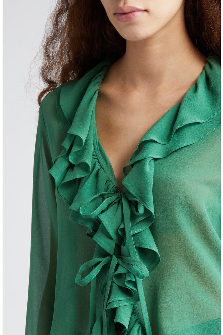 Flounce Ruffle Long Sleeve Silk Top, Alternate, color, GREEN