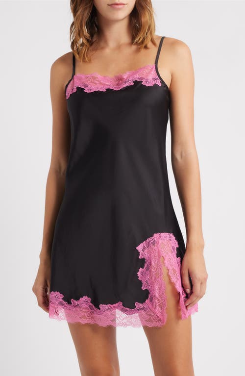Open Edit Lace Trim Satin Chemise In Black