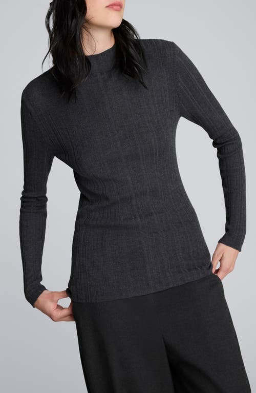 Kenneth Cole Long Sleeve Mock Neck Variegated Rib Top In Black