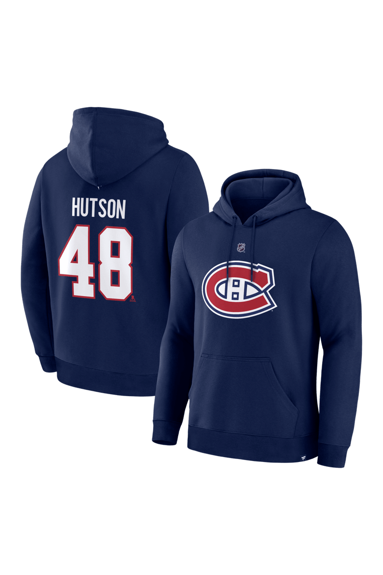 Men's Fanatics Lane Hutson Navy Montreal Canadiens Authentic Stack Name & Number Hoodie, Main, color, Navy