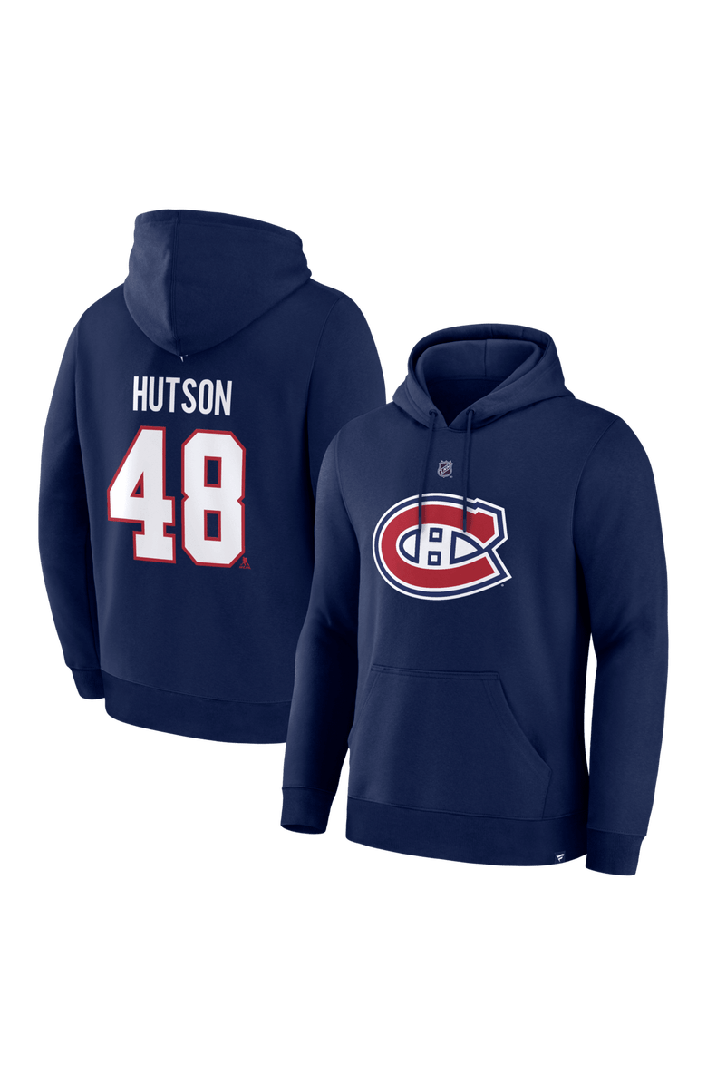 FANATICS Men's Fanatics Lane Hutson Navy Montreal Canadiens Authentic Stack Name & Number Hoodie, Main, color, Navy