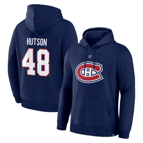 Men's Fanatics Lane Hutson Navy Montreal Canadiens Authentic Stack Name & Number Hoodie