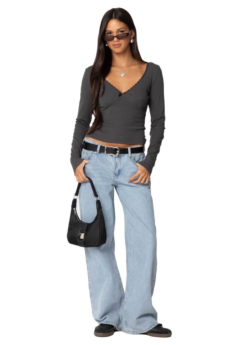 Adrienne Lace Trim Long Sleeve Jersey Top, Alternate, color, DARK-GRAY