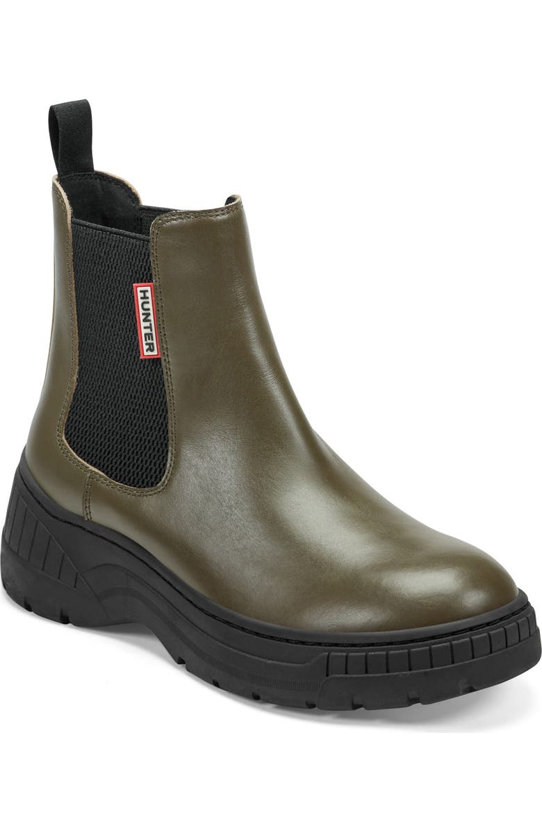 Hunter Neveah Slip-On Waterproof Chelsea Bootie, Main, color, Olive Green91896/Black/Black