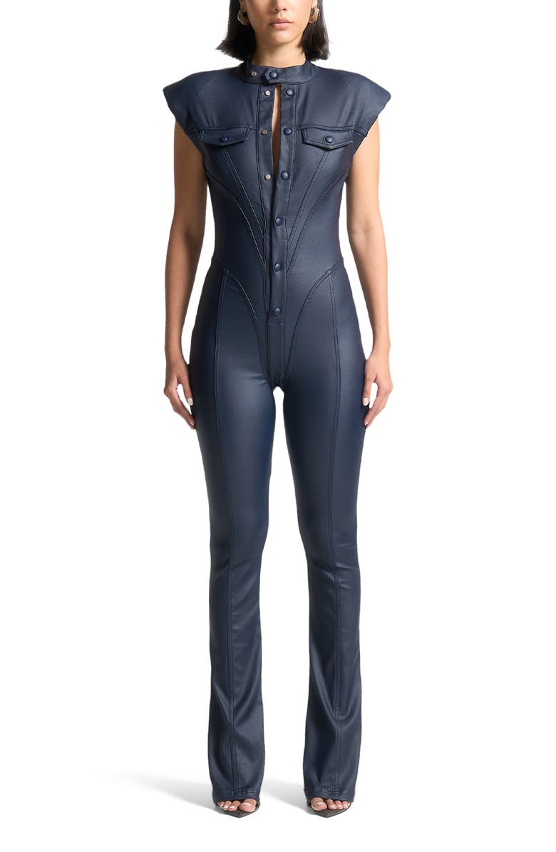 Manière De Voir Annette Wax Coated Denim Jumpsuit, Main, color, 