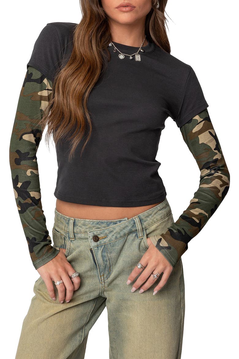 Camo Layered Long Sleeve Crop T-Shirt, Main, color, DARK-GRAY