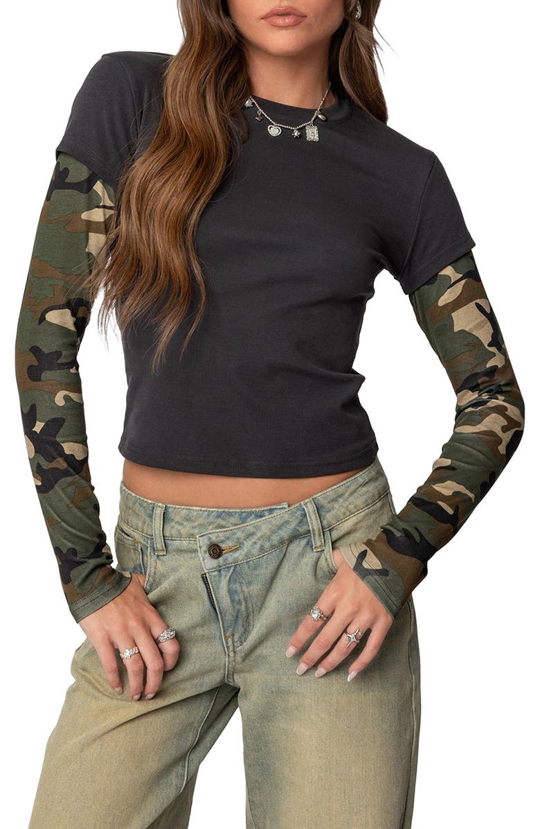 EDIKTED Camo Layered Long Sleeve Crop T-Shirt, Main, color, Dark-Gray