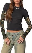 EDIKTED Camo Layered Long Sleeve Crop T-Shirt