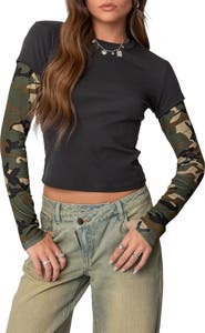 EDIKTED Camo Layered Long Sleeve Crop T-Shirt | Nordstrom