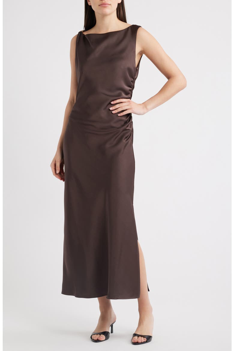 Ruched Satin Maxi Dress, Main, color, ESPRESSO