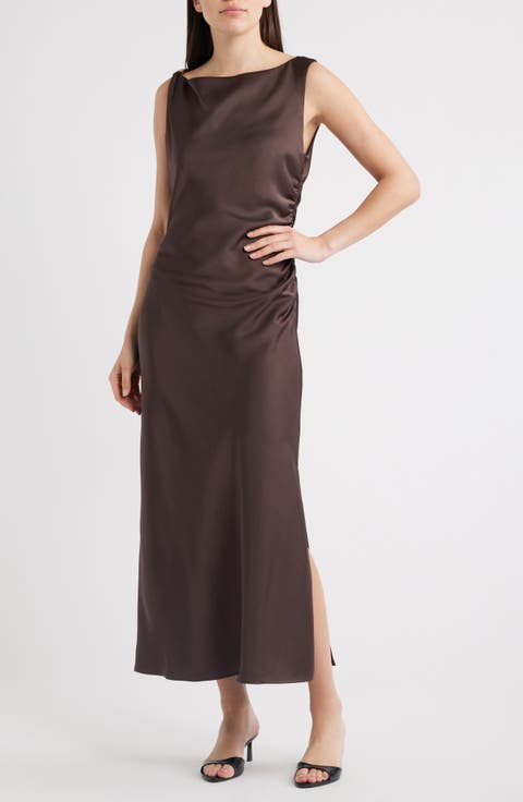 Ruched Satin Maxi Dress