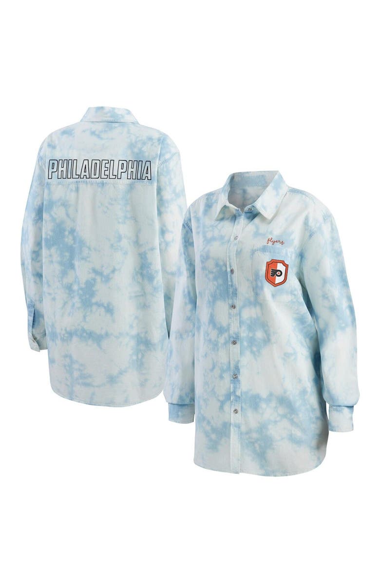 WEAR by Erin Andrews Women's WEAR by Erin Andrews White Philadelphia Flyers Oversized Tie-Dye Button-Up Denim Shirt, Main, color, White