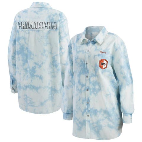 Women's WEAR by Erin Andrews White Philadelphia Flyers Oversized Tie-Dye Button-Up Denim Shirt