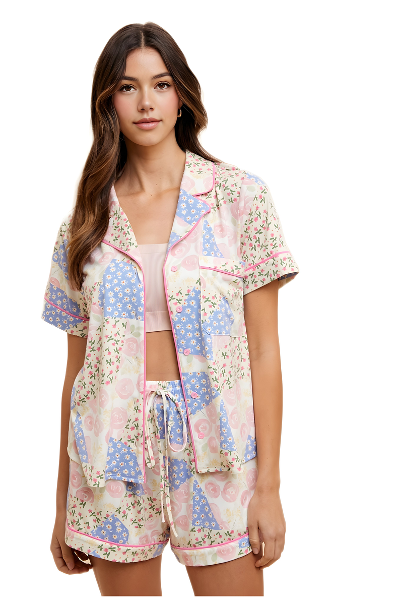 Knit and Lounge Pastel Floral Patchwork Piping Pajama Set, Main, color,