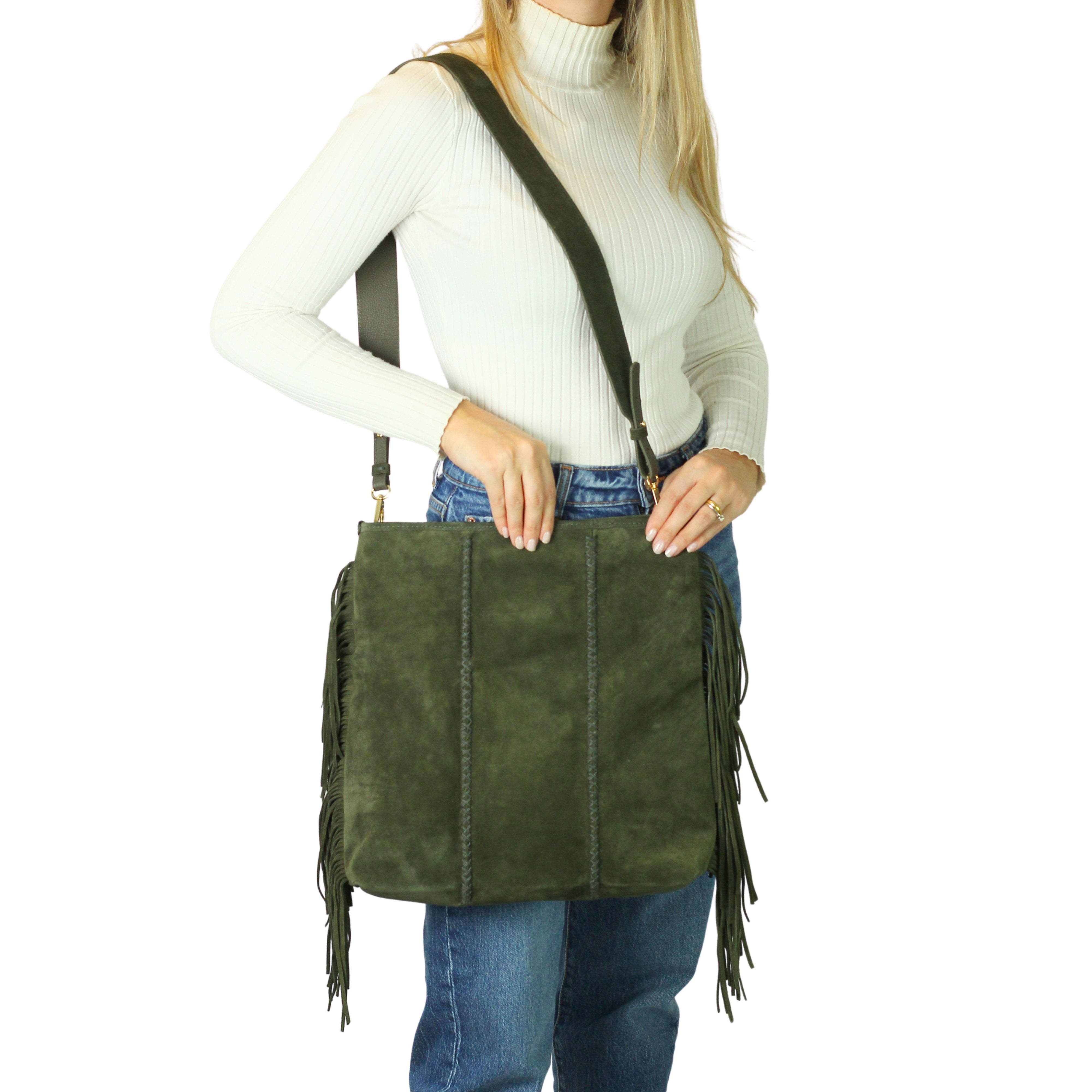 Fringe Suede Crossbody Messenger Bag, Alternate, color, Olive