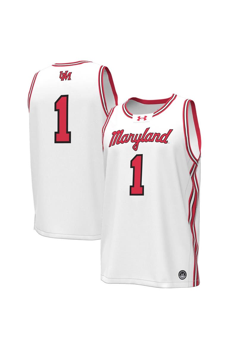 Men's Under Armour #1 White Maryland Terrapins Throwback Replica Basketball Jersey, Main, color, White