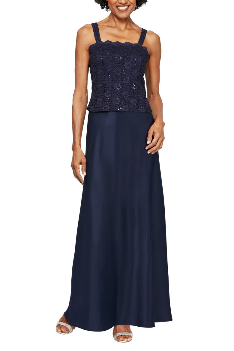 Sequin Lace & Satin Gown with Jacket, Alternate, color, MIDNIGHT