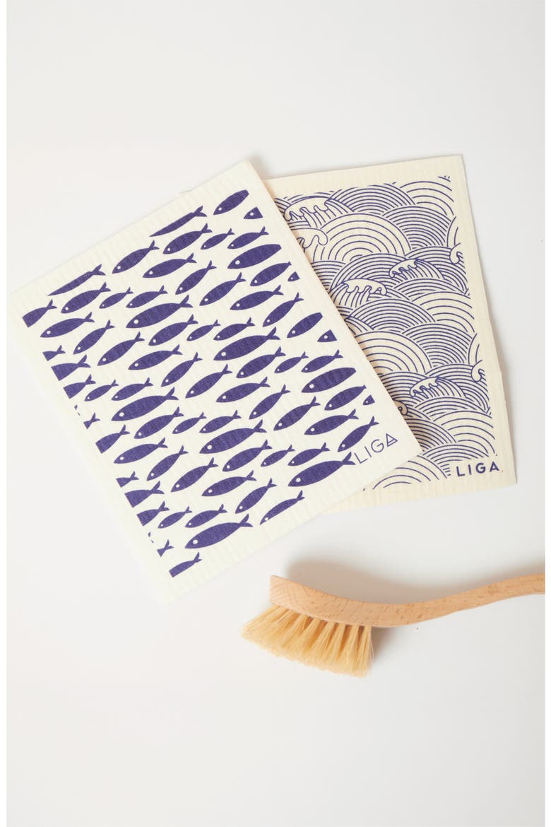 Tea Towels - Fish Set of 2 + Dishcloths Set of 2 - Fish and Wave, Alternate, color, Fish and Wave