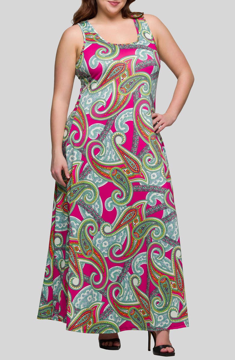 24seven Comfort Apparel Paisley Sleeveless Knit Maxi Dress, Alternate, color, Pink Multi
