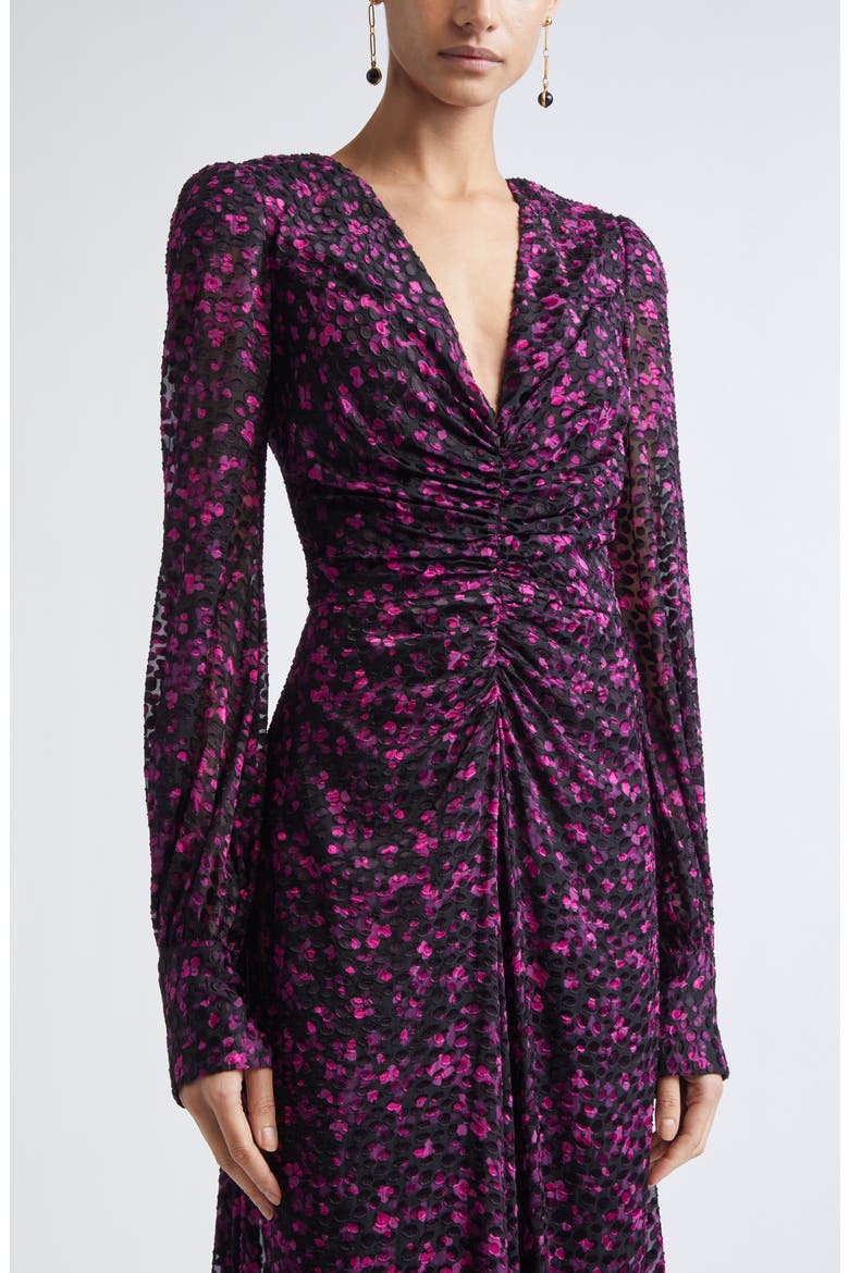 Long Sleeve Satin Leopard Jacquard Gown, Alternate, color, BLACK HOT PINK MULTI