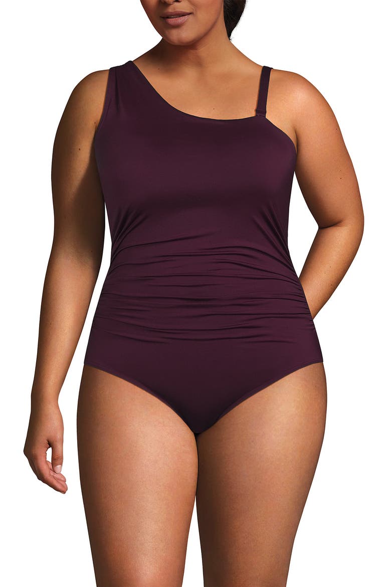 Plus Size Shirred One Shoulder One Piece Swimsuit, Alternate, color, Dark Wine