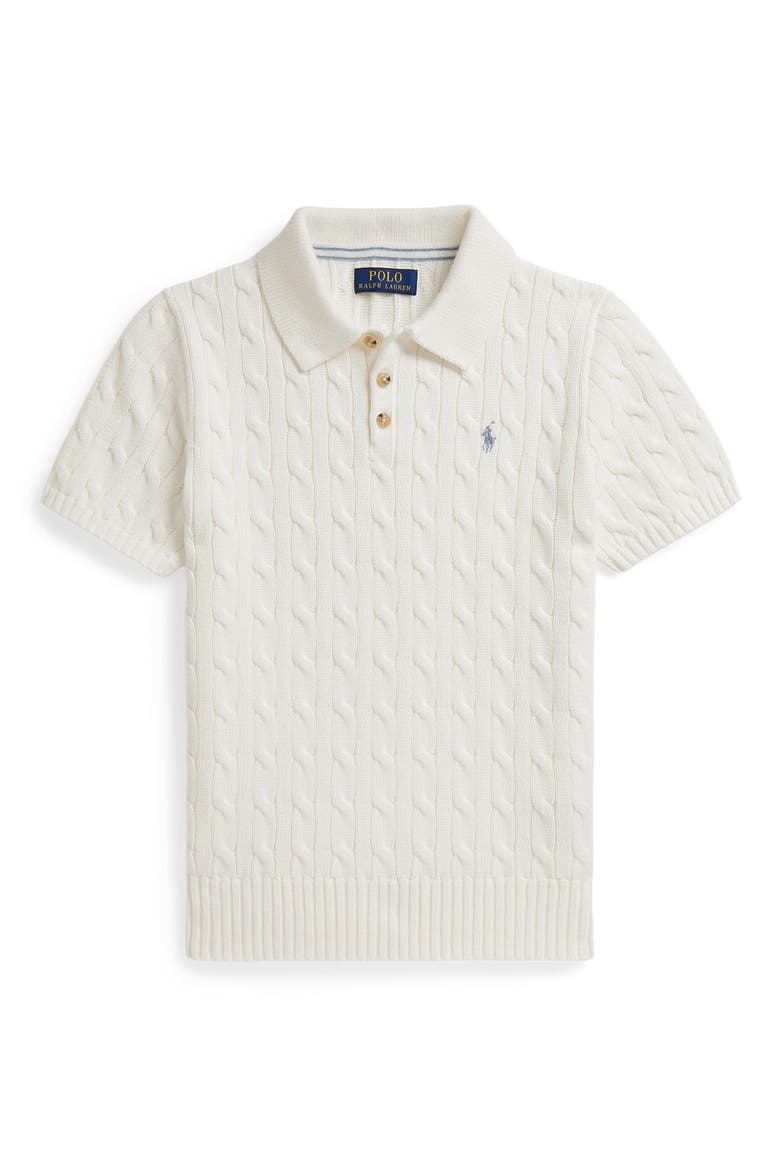 Kids' Cabled Cotton Polo Sweater, Main, color, DECK WASH WHITE