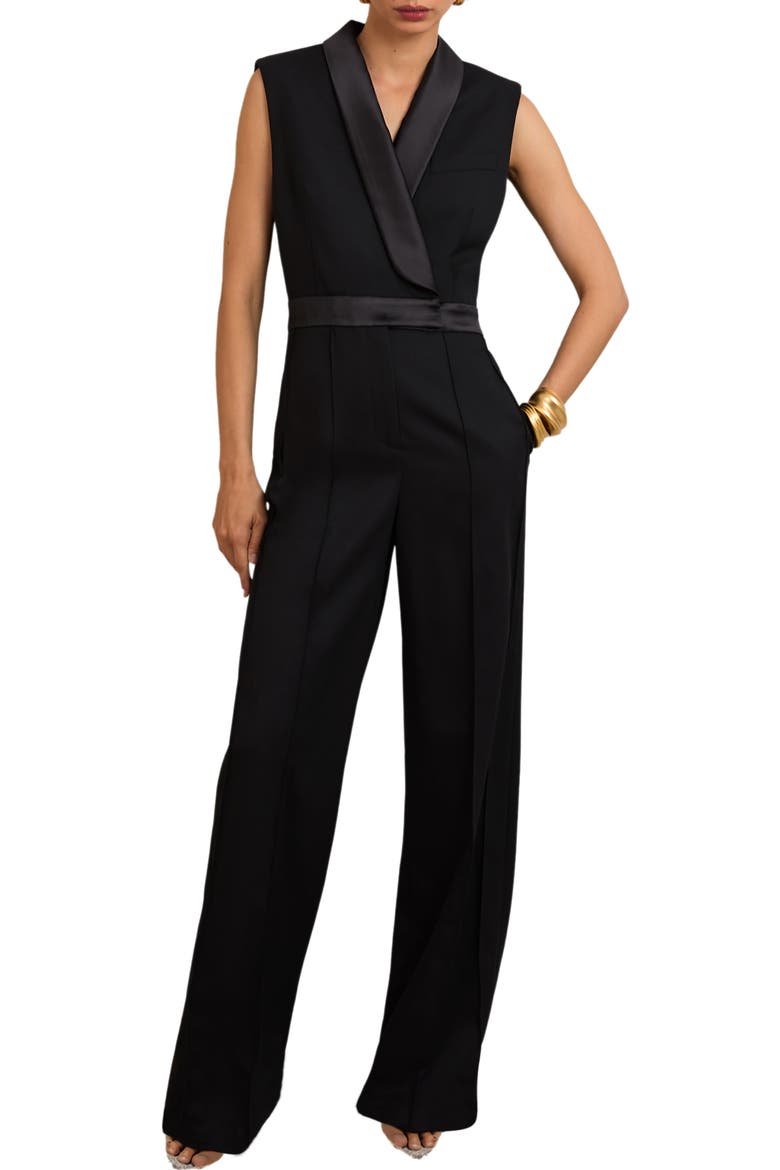 Gaia Satin Trim Sleeveless Jumpsuit, Alternate, color, BLACK