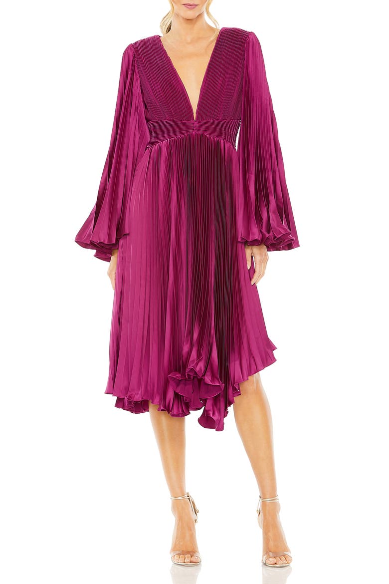 Pleated V-Neck Flare Sleeve Dress, Main, color, BERRY