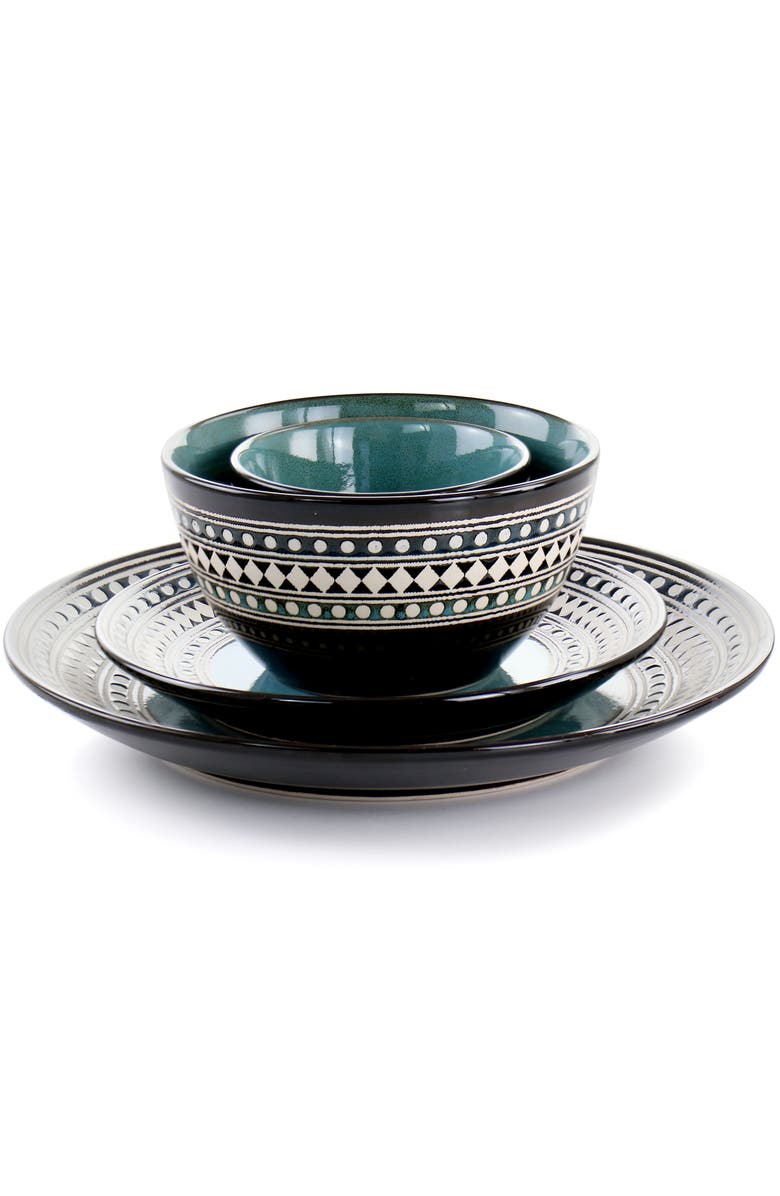 Elama Blue Sage 16 Piece Double Bowl Stoneware Dinnerware Set, Alternate, color, Blue