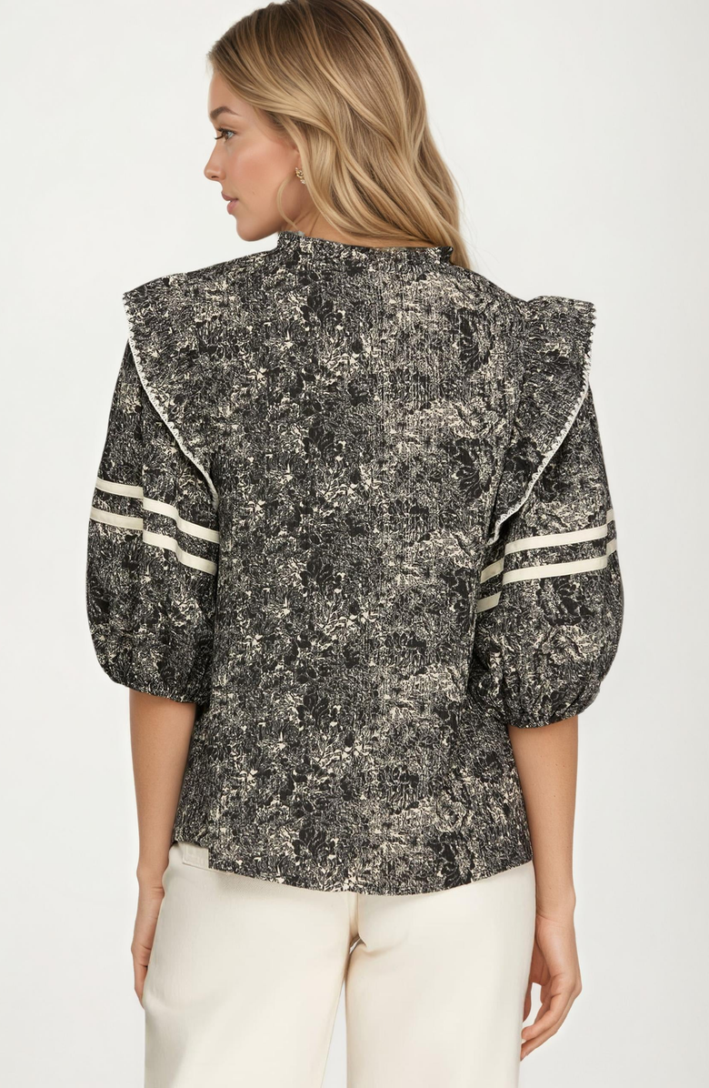 Knit and Lounge Floral Print Ruffle Shoulder Blouse, Alternate, color, Black / White