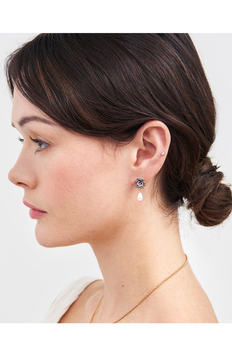 Fable England Pansy & Pearl Drop Stud Earrings, Alternate, color, Gold