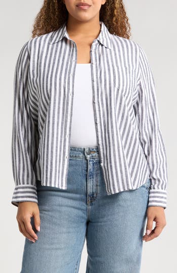Caslon ® Stripe Linen Blend Button-up Shirt In White