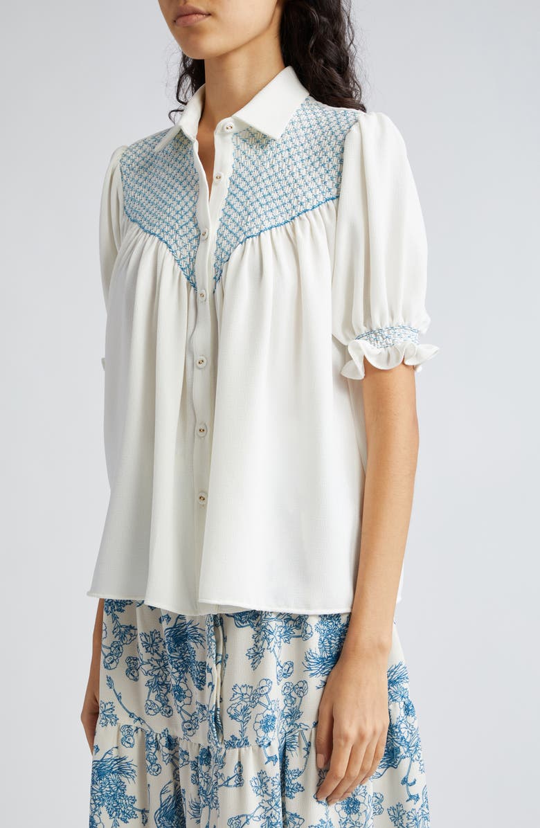 Loretta Caponi Milvia Smocked Crepe Shirt, Alternate, color, 