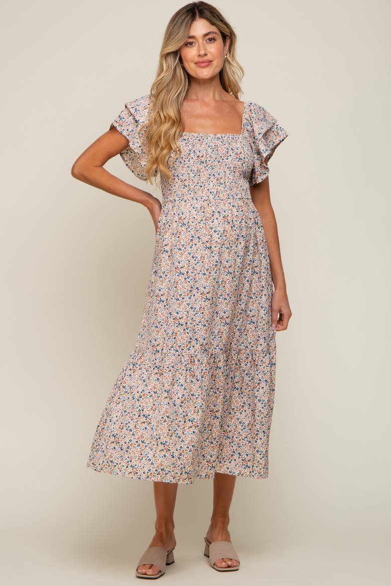 Floral Flutter Midi Dress, Alternate, color, Cream