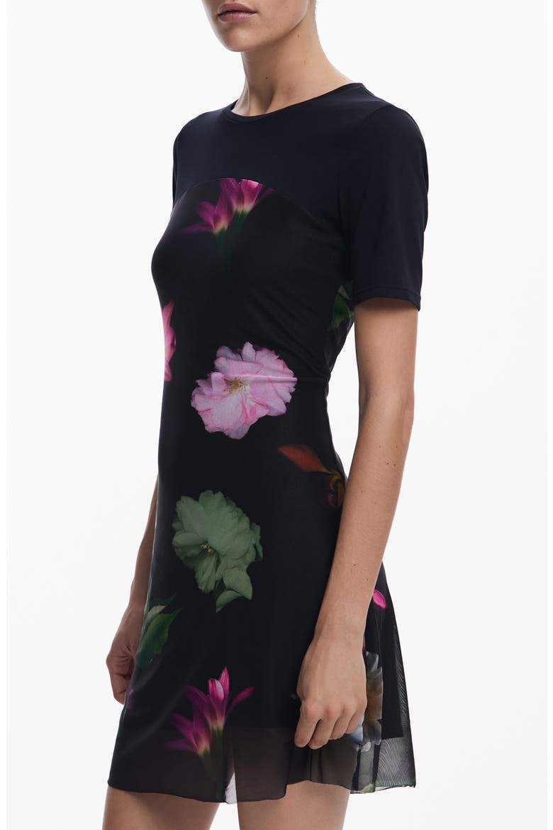 Floral Print Knit Minidress, Main, color, BLACK
