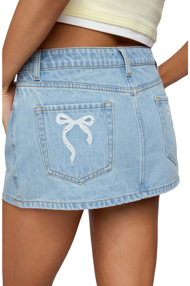 Eyelet Bow Pocket Low Denim Miniskirt, Alternate, color, LIGHT-BLUE