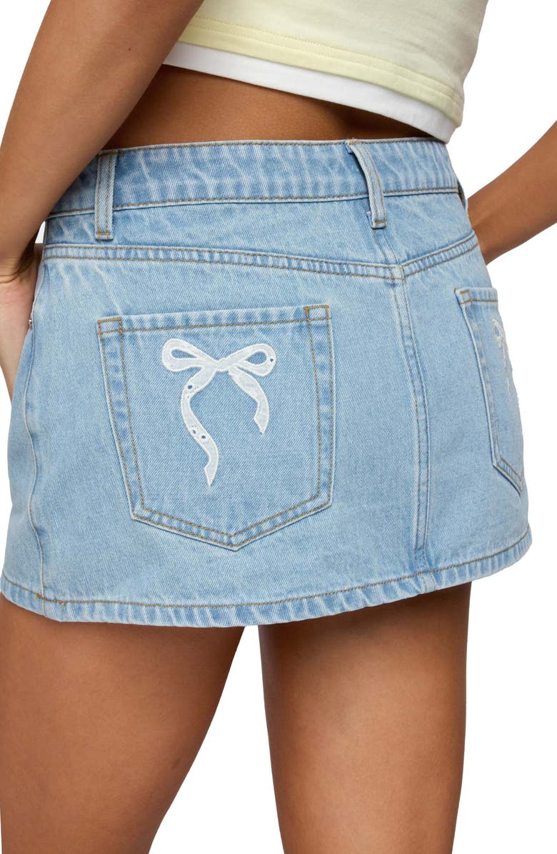 EDIKTED Eyelet Bow Pocket Low Denim Miniskirt, Alternate, color, Light-Blue