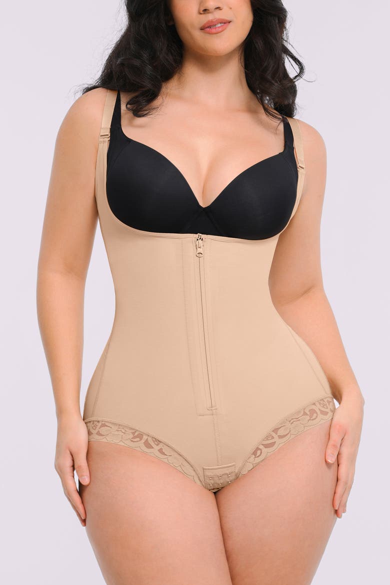 AirSlim® Zipper Front Open Bust Brief Bodysuit, Alternate, color, Pinkish Beige