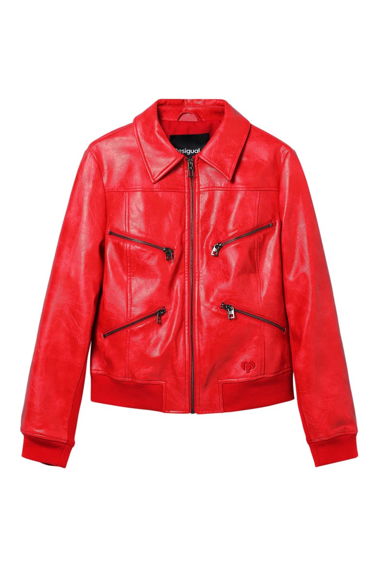 Retro Faux Leather Biker Jacket, Alternate, color, RED
