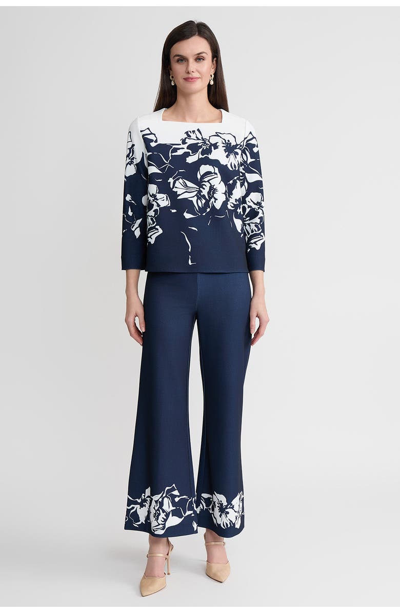 Ming Wang Stretch Deco Crepe Floral Print Wide-Leg Pants, Alternate, color, Indigo/White