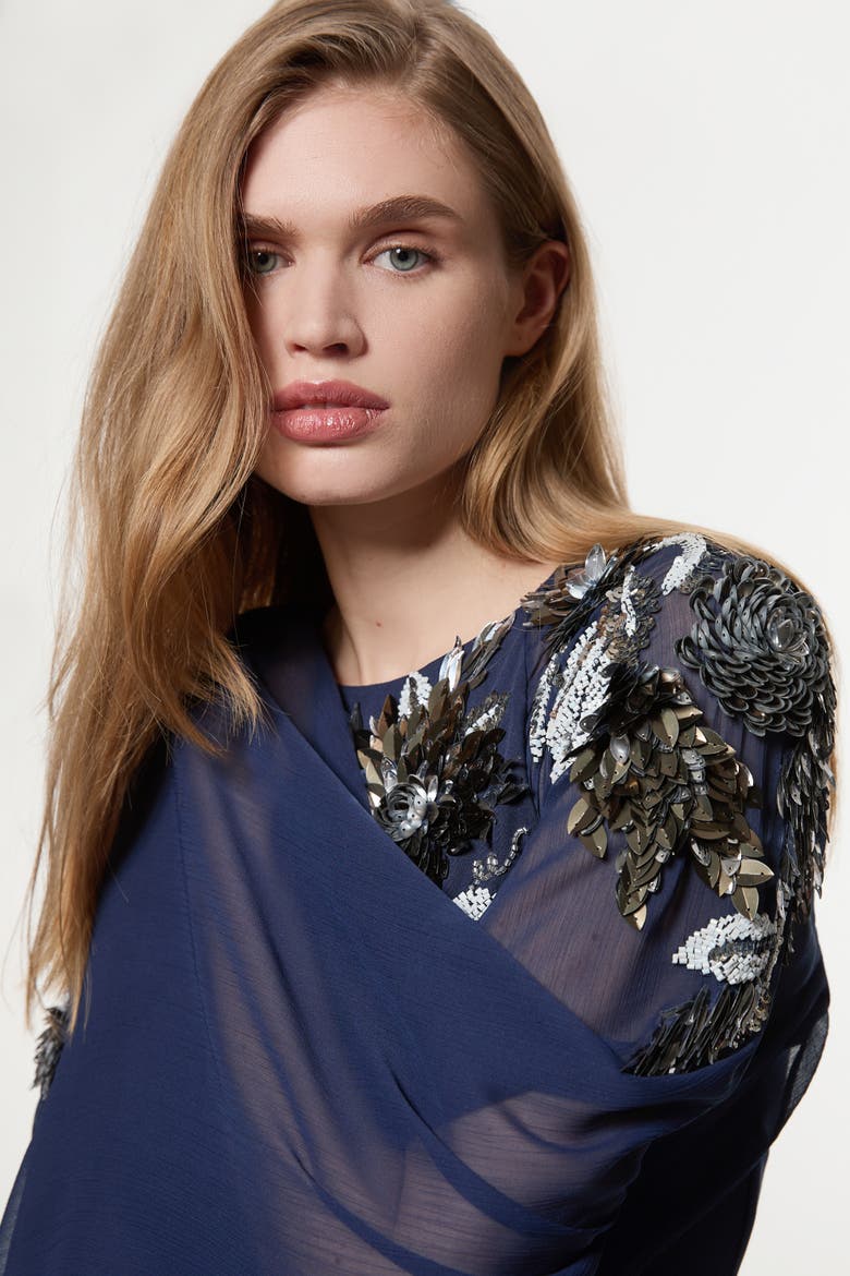 Floral 3D Cape Sleeve Maxi Dress, Alternate, color, Navy