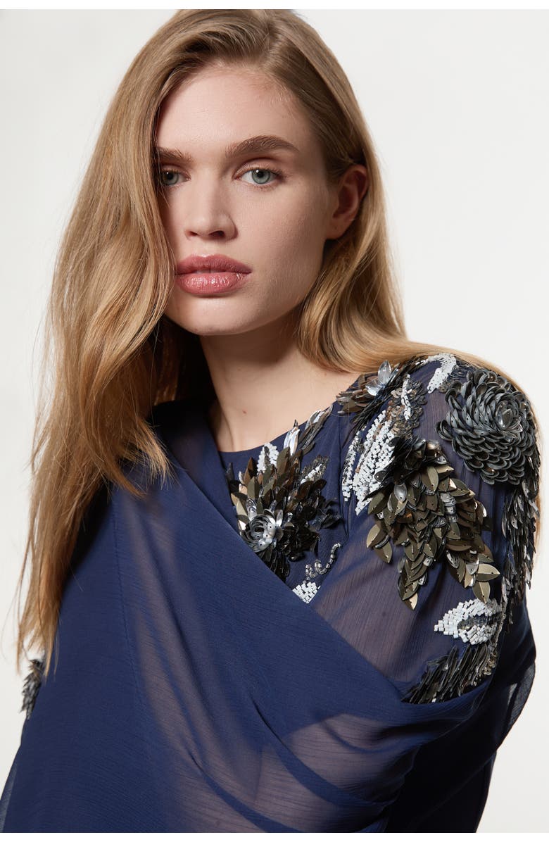 Karen Millen Floral 3D Cape Sleeve Maxi Dress, Alternate, color, Navy