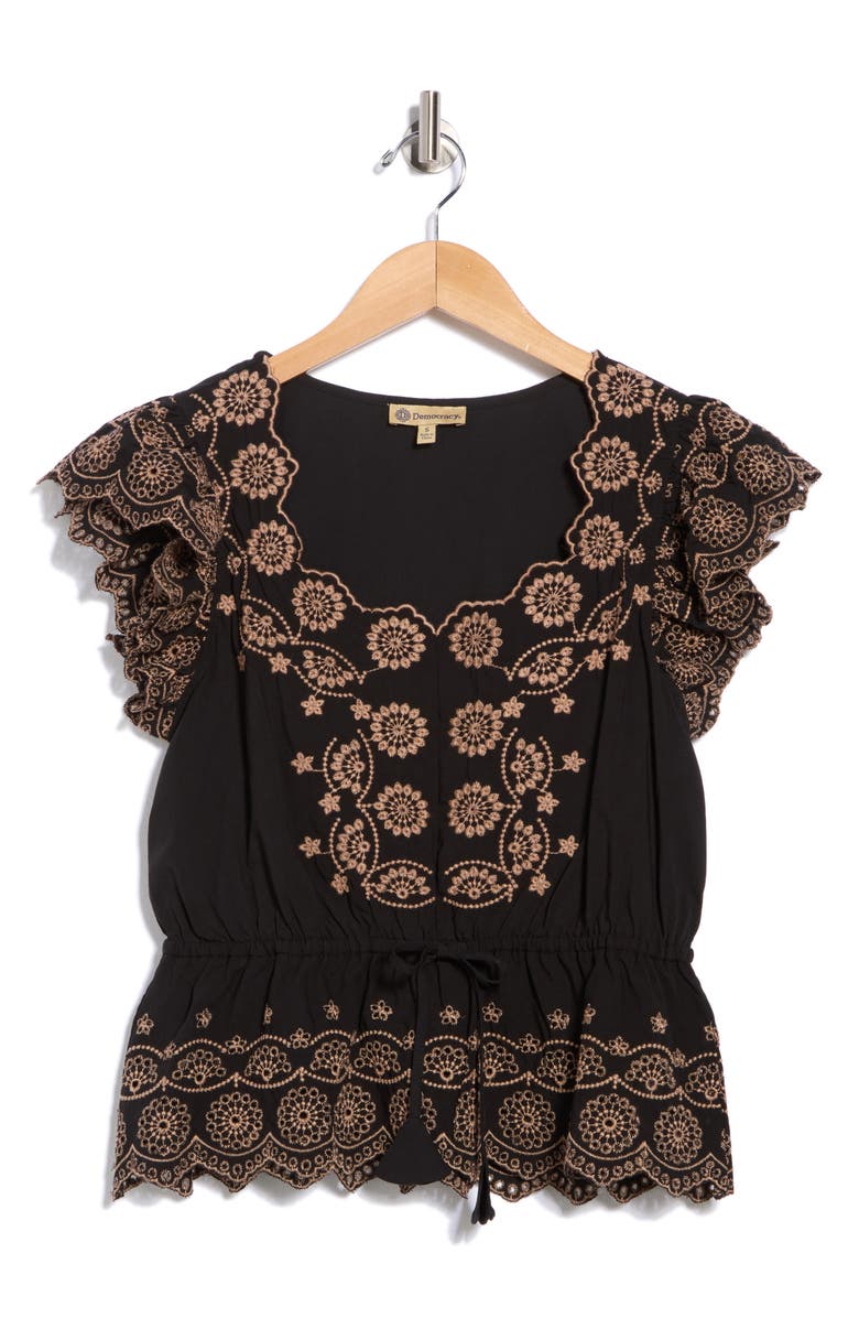 Democracy Embroidered Peplum Ruffle Sleeve Top, Alternate, color, Black/ Khaki